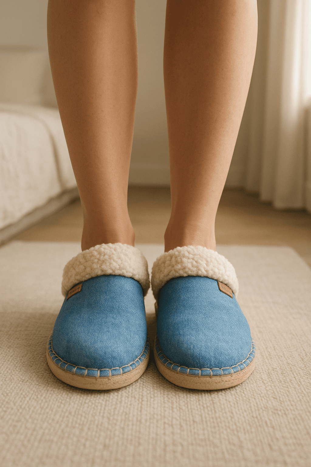 Pantuflas Havaianas Azul Denim Talla 38 de pie, mirando a la cámara, en un dormitorio con luz suave y natural filtrándose por la ventana.