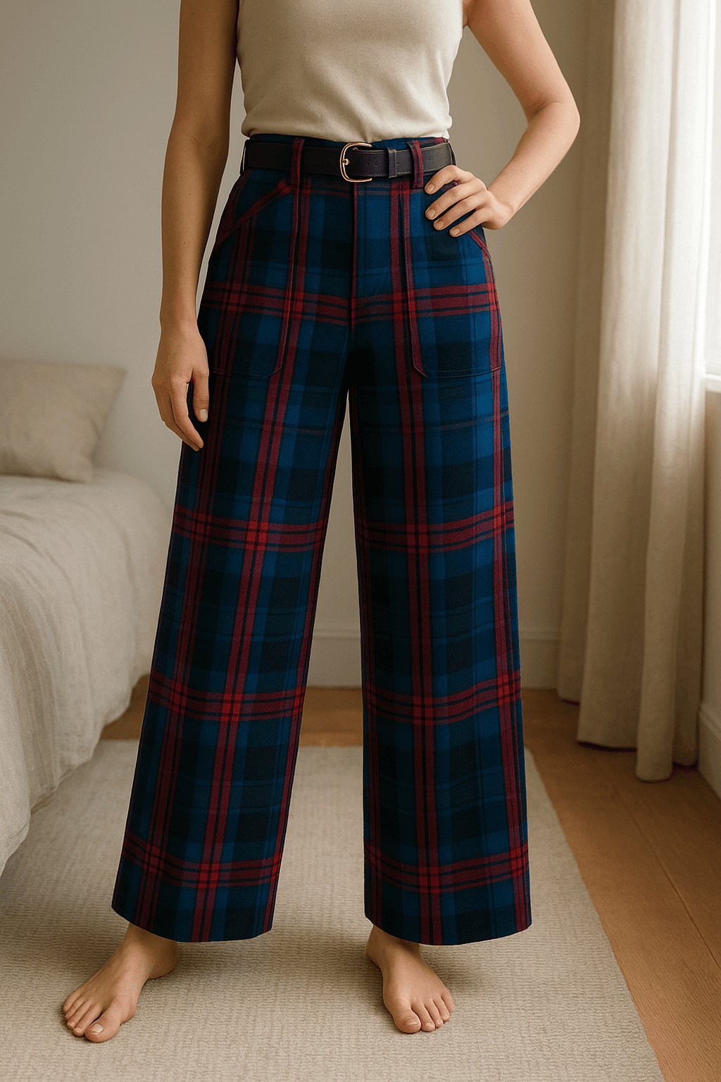 Una persona con Falda escocesa arqueando ligeramente la espalda para una pose dinámica, con tipo de cuerpo delgado, en un dormitorio con luz suave y natural filtrándose por la ventana.