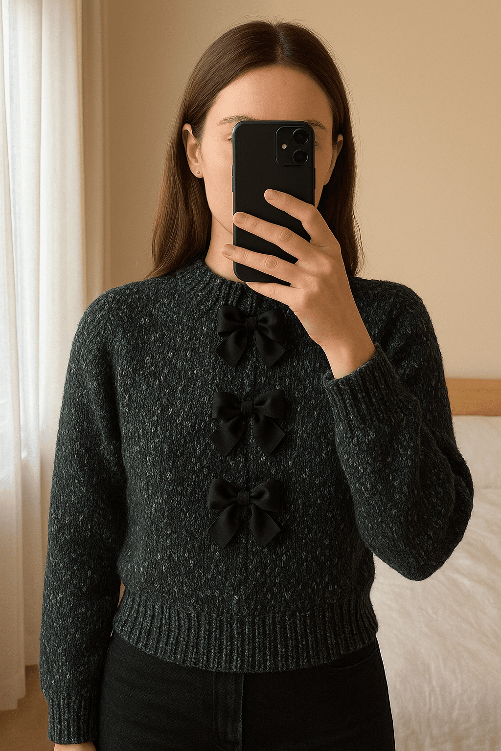 Camisola Malha M em pé, de frente para a câmera, em um quarto com iluminação suave e luz natural filtrando pela janela.