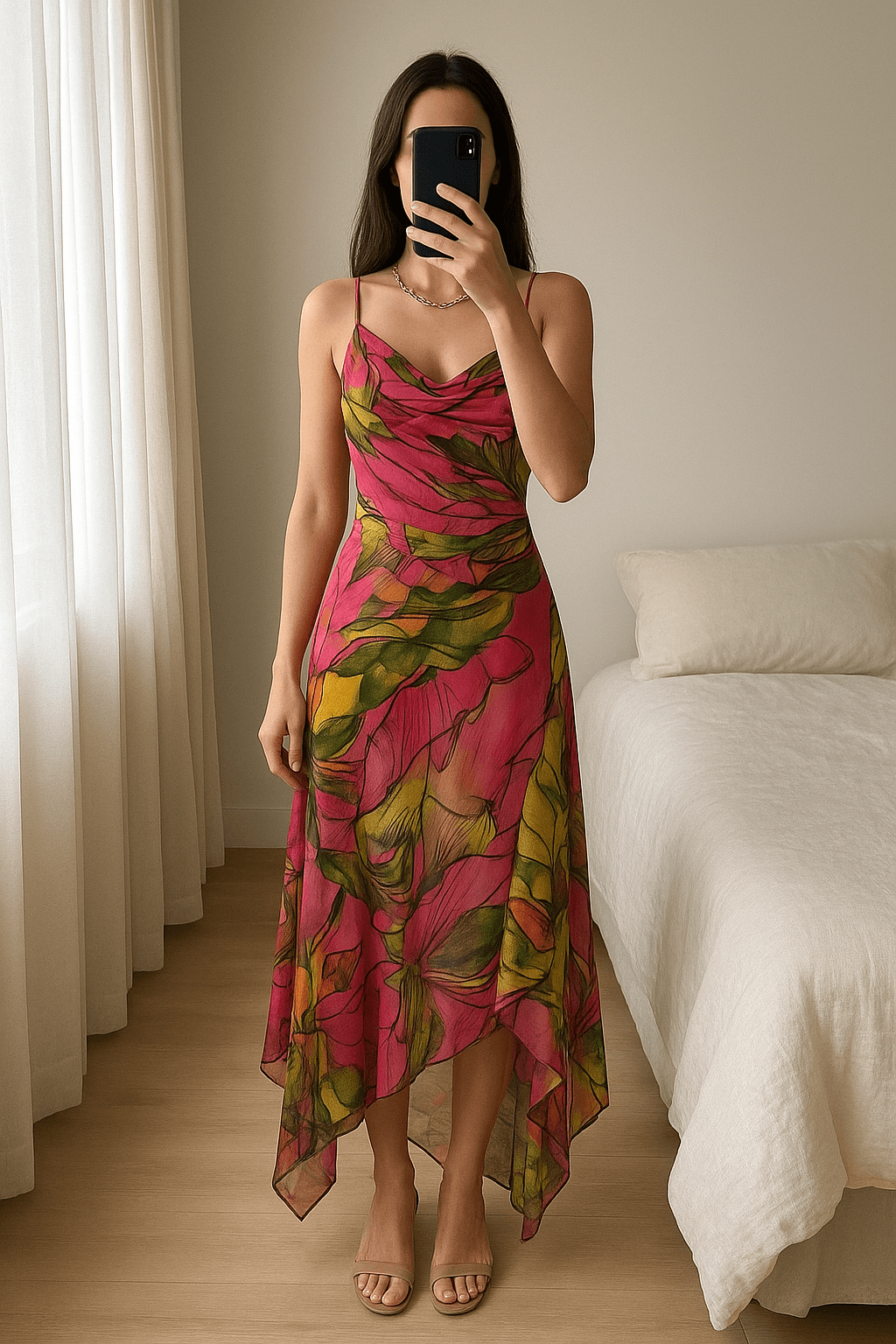 Robe Vintage style lingerie Asymetrique/ Vestido 90s Fiesta Asimetrico de pie, mirando a la cámara, en un dormitorio con luz suave y natural filtrándose por la ventana.