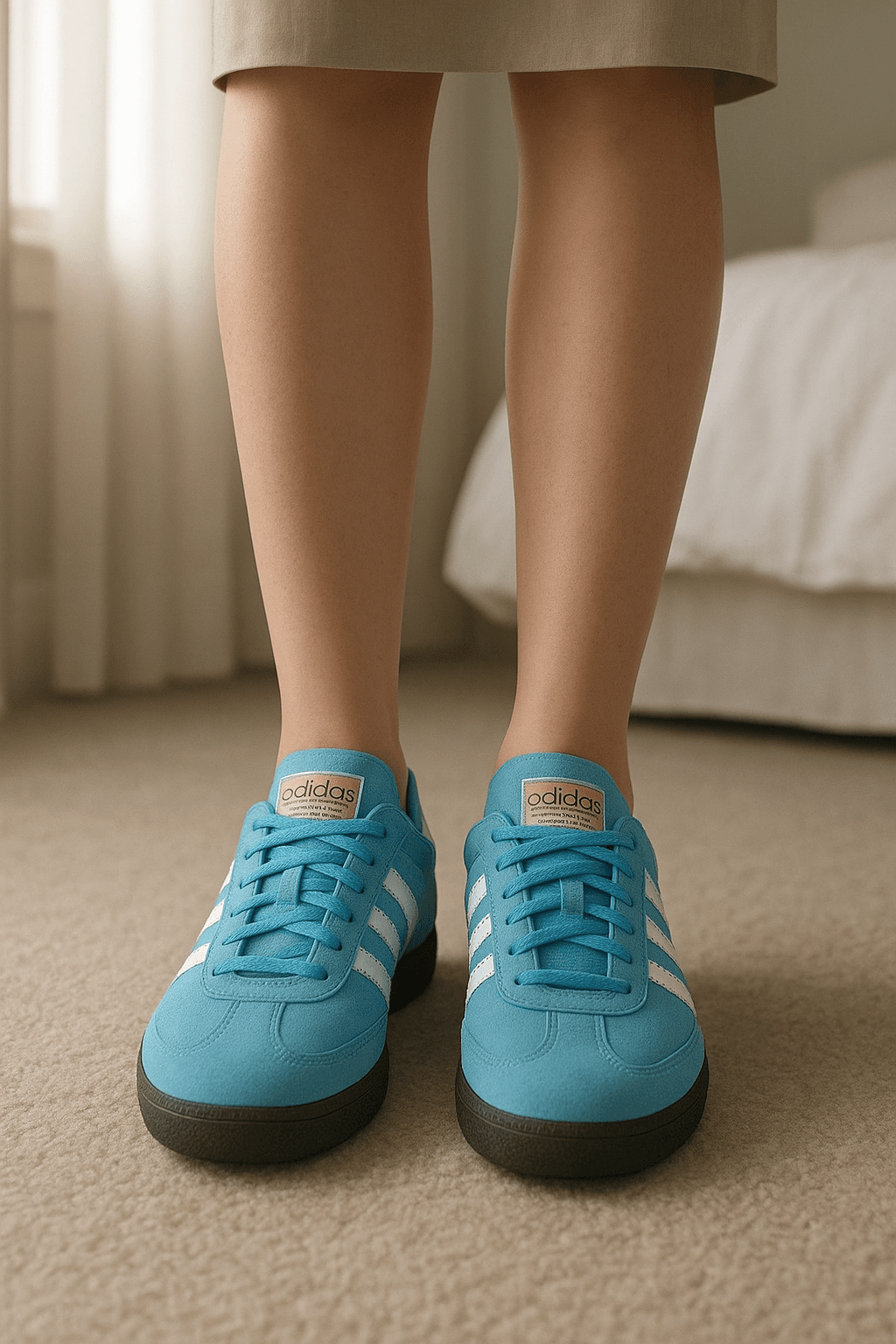 Adidas spezial azul talla 38 de pie, mirando a la cámara, en un dormitorio con luz suave y natural filtrándose por la ventana.