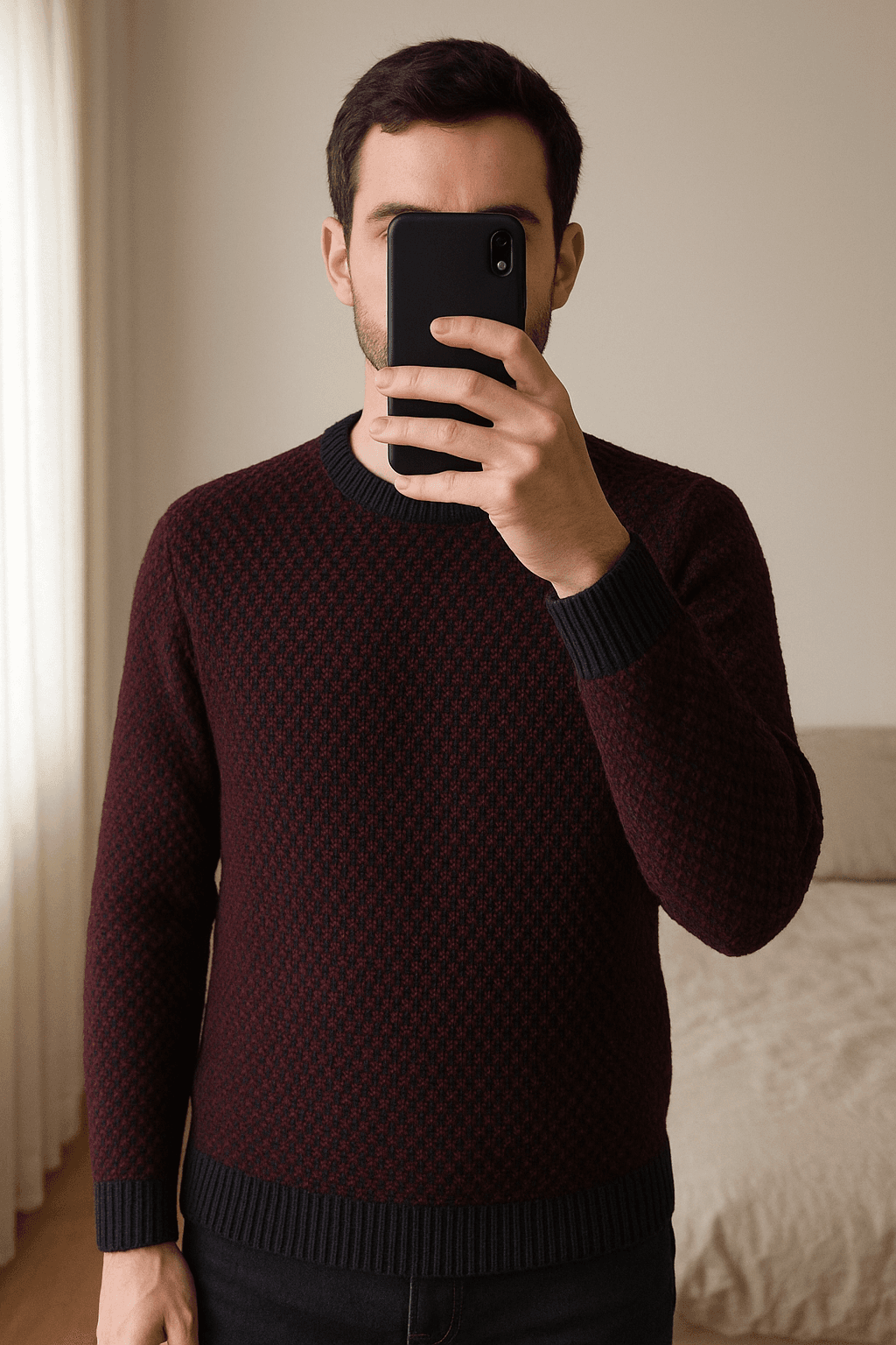 Jersey de Bershka de pie, mirando a la cámara, en un dormitorio con luz suave y natural filtrándose por la ventana.