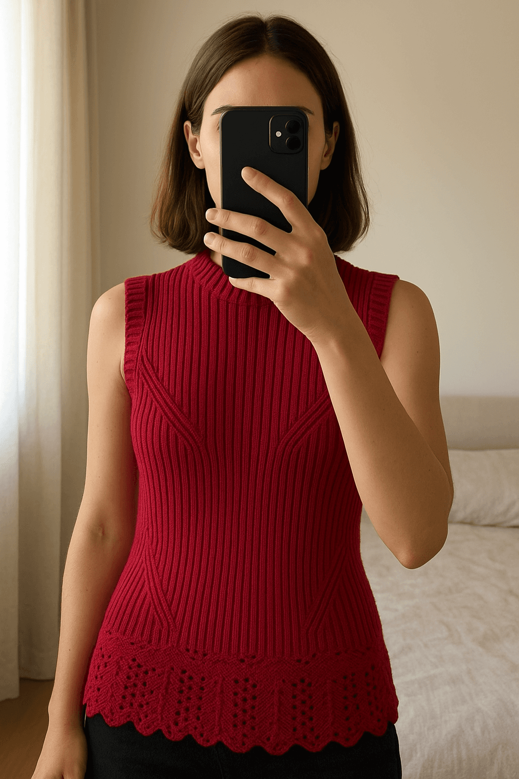 Top de punto Derek Lam 10 Crosby talla S de pie, mirando a la cámara, en un dormitorio con luz suave y natural filtrándose por la ventana.