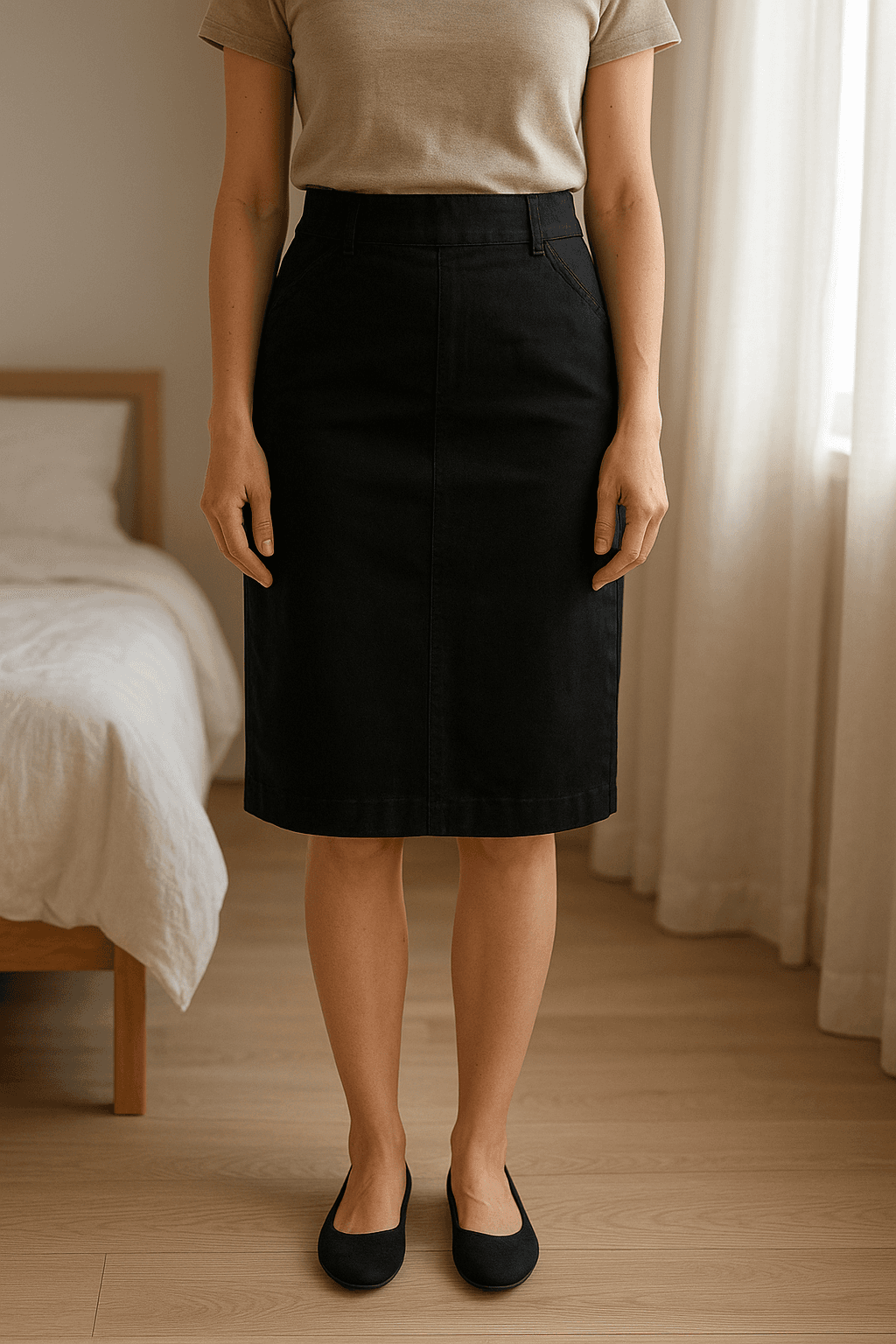 Falda negra Massimo Dutti talla 38 de pie, mirando a la cámara, en un dormitorio con luz suave y natural filtrándose por la ventana.