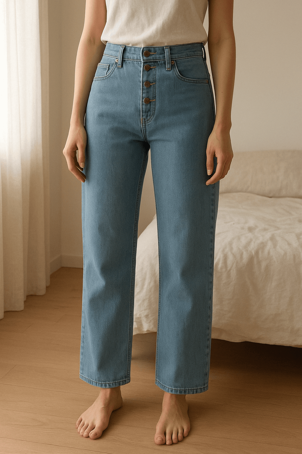 Calças azuis marca Noon mulher tam 36 em pé, de frente para a câmera, em um quarto com iluminação suave e luz natural filtrando pela janela.