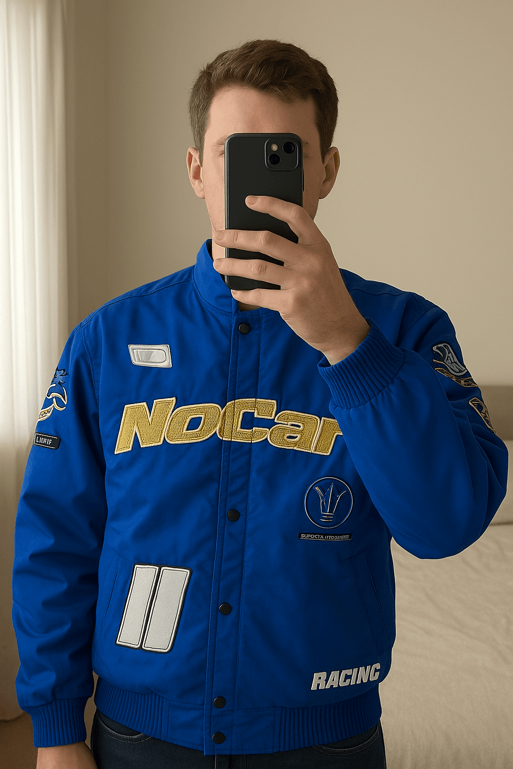 Nike x Nocta L'Art Racing Jacket Blue - Veste Bleu- Blauw Jasje Taille L de pie, mirando a la cámara, en un dormitorio con luz suave y natural filtrándose por la ventana.