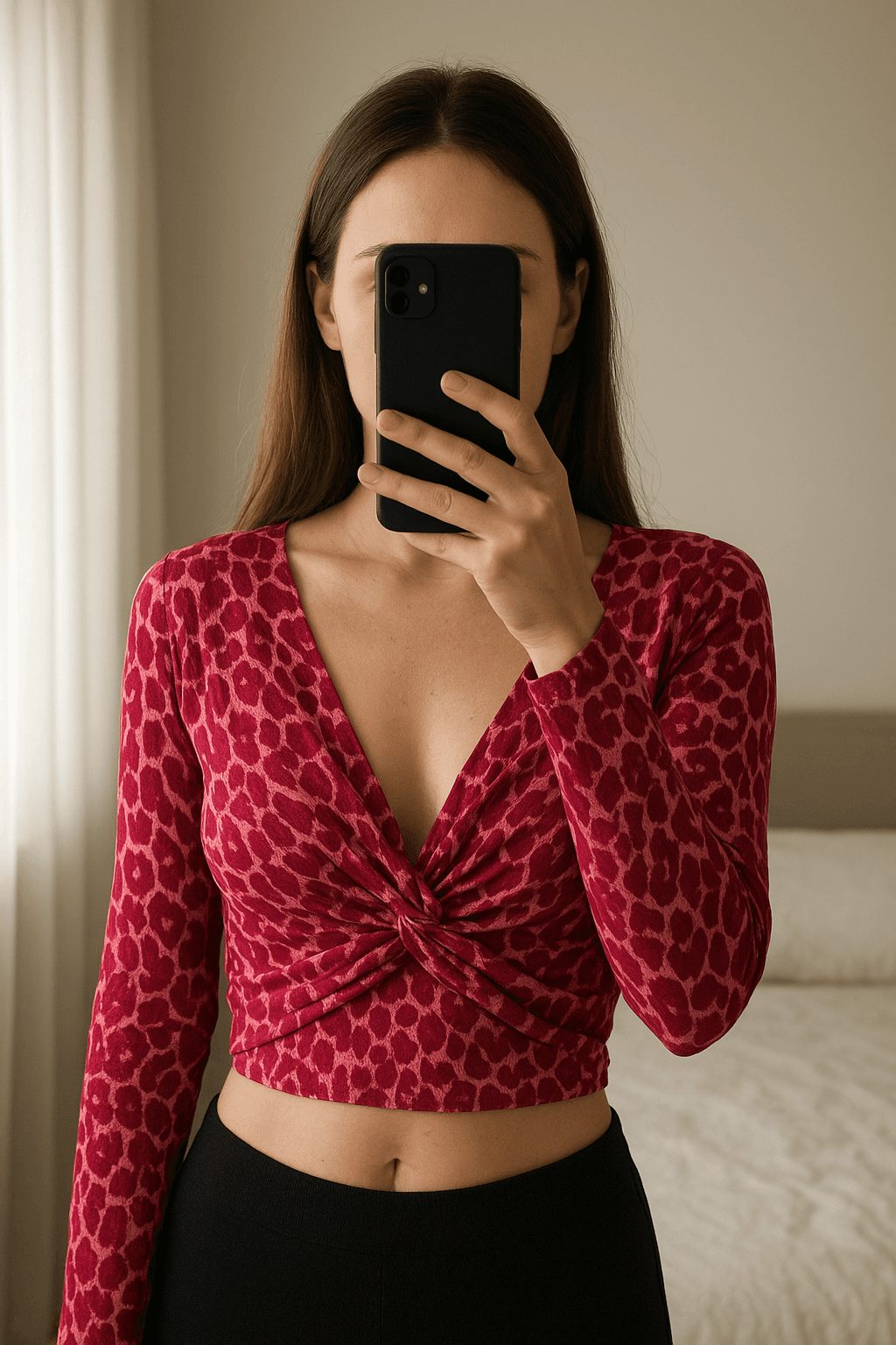Top cruzado animal print rosa fucsia – tipo Zara / Bershka – talla única (S/M) de pie, mirando a la cámara, en un dormitorio con luz suave y natural filtrándose por la ventana.