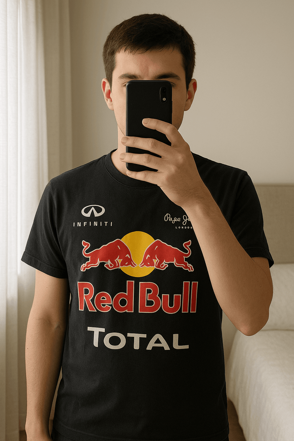 T-shirt Vintage Red Bull Racing F1 - Partenaires 2013-2015 (Pepe Jeans, Infiniti, Total, Geox) debout, face à la caméra, dans une chambre à la lumière douce, avec une lumière naturelle filtrant par la fenêtre.