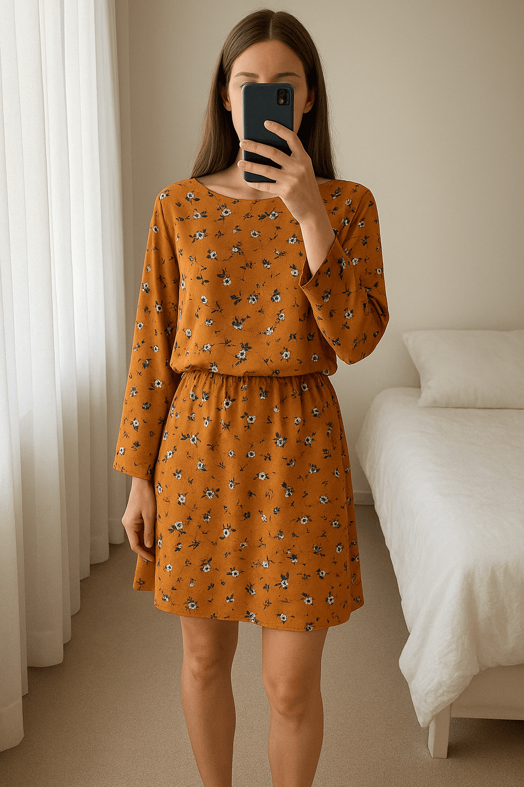 Vestido corto kilibbi talla L de pie, mirando a la cámara, en un dormitorio con luz suave y natural filtrándose por la ventana.