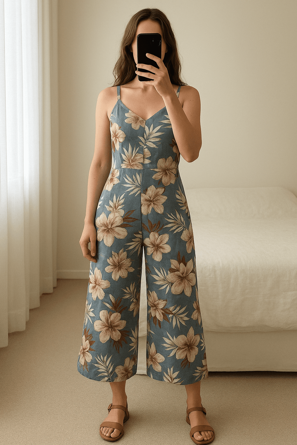 Croped Jumpsuit standing straight facing the camera, in a softly lit bedroom setting, with gentle natural light filtering through a window.