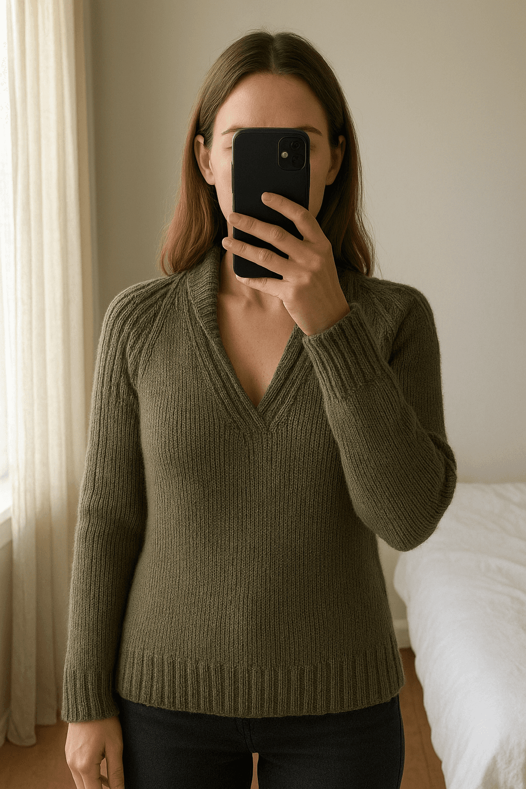 Pull vert en laine mérinos Well debout, face à la caméra, dans une chambre à la lumière douce, avec une lumière naturelle filtrant par la fenêtre.