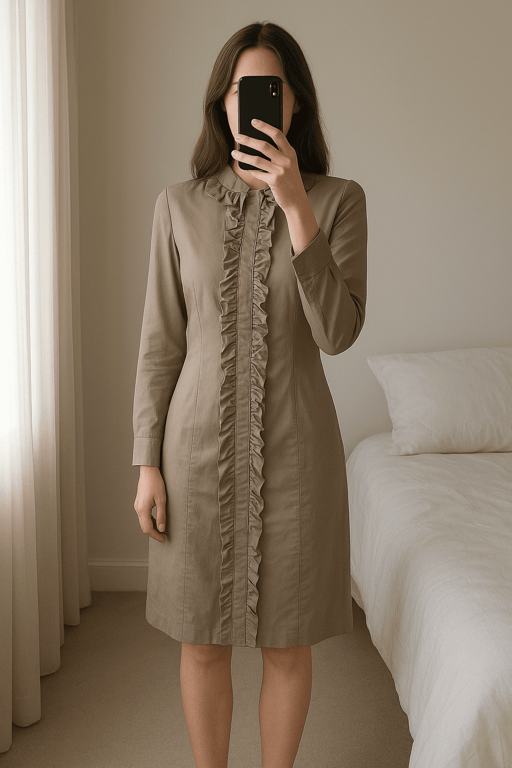 Vestido Chatik & Kertan talla XL de pie, mirando a la cámara, en un dormitorio con luz suave y natural filtrándose por la ventana.