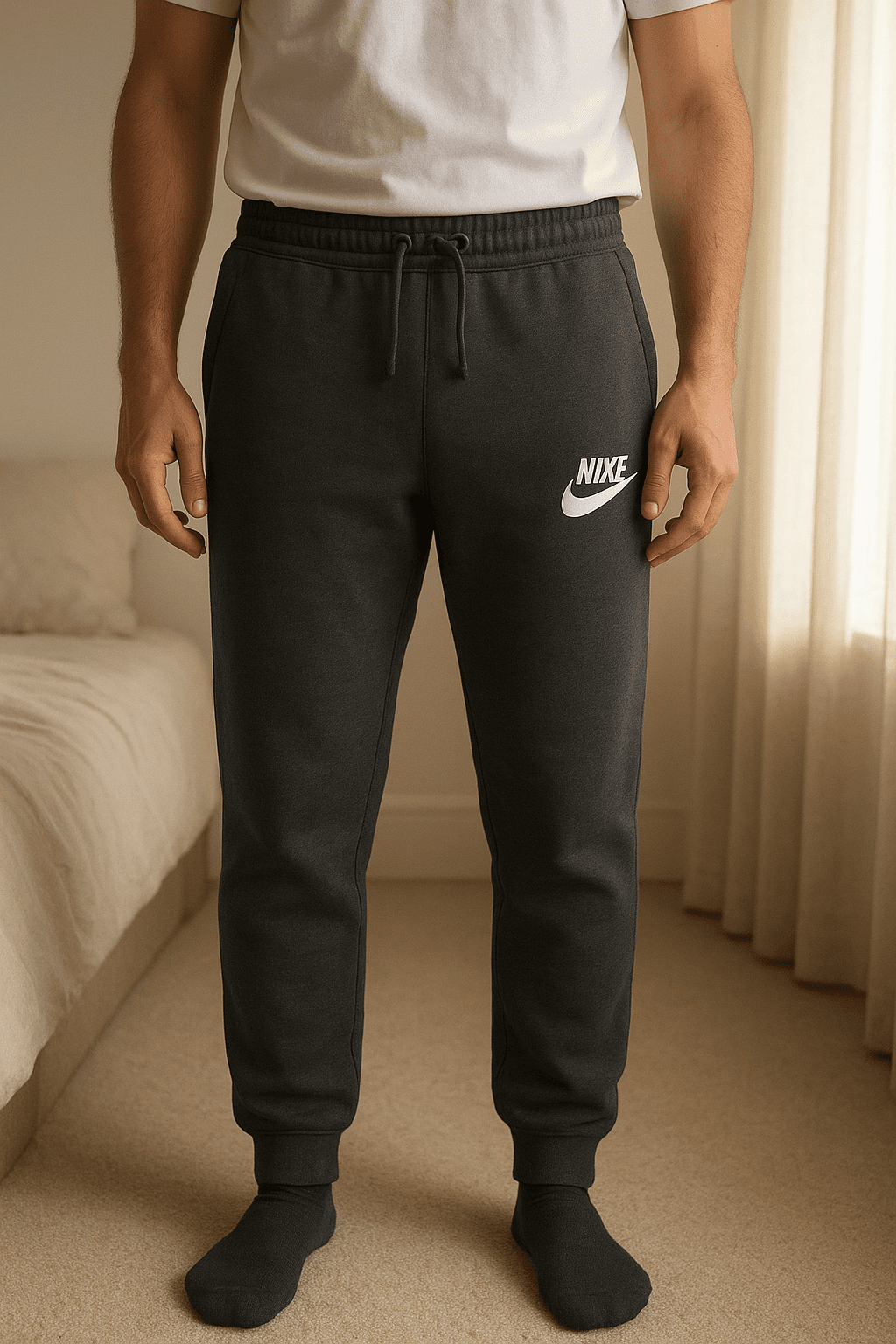 Pantalon Nike debout, face à la caméra, dans une chambre à la lumière douce, avec une lumière naturelle filtrant par la fenêtre.