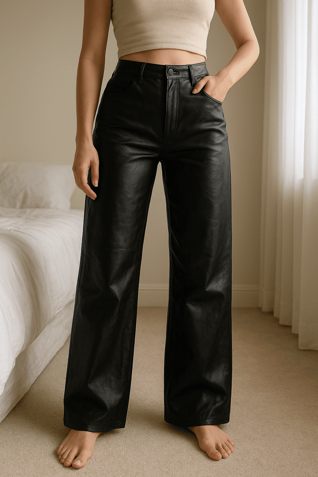 Una persona con Pantalón Zara piel arqueando ligeramente la espalda para una pose dinámica, con tipo de cuerpo delgado, en un dormitorio con luz suave y natural filtrándose por la ventana.