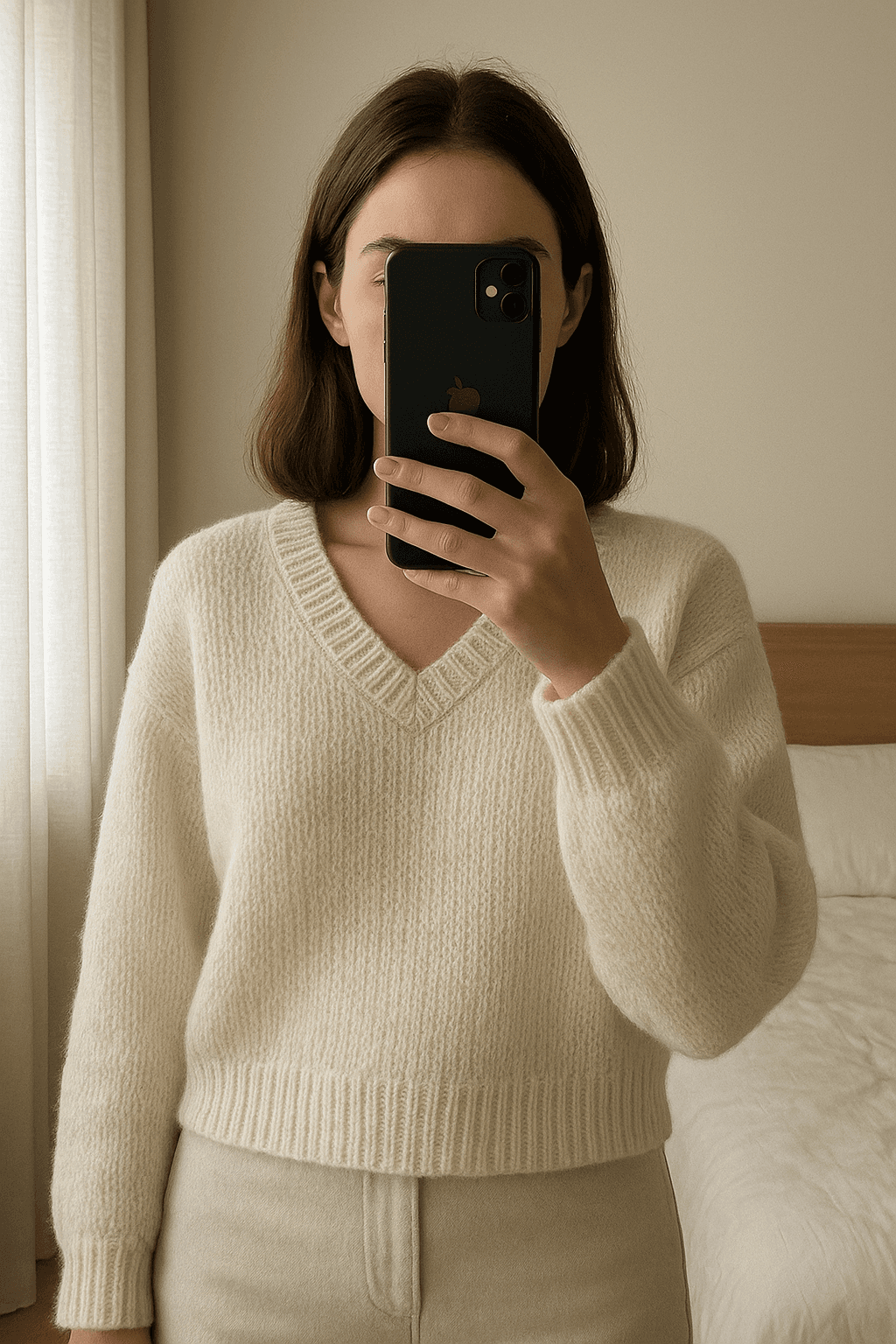 Pull Sisley de pie, mirando a la cámara, en un dormitorio con luz suave y natural filtrándose por la ventana.