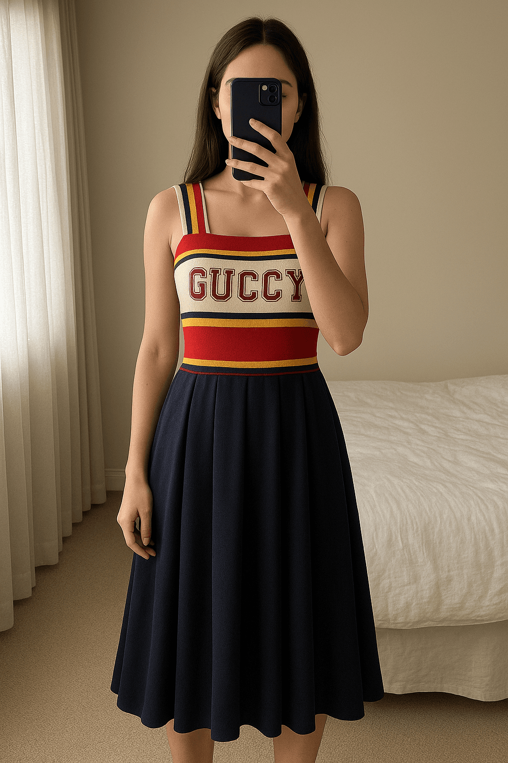 Gucci vestito Cheerleader tg 10/12 bambina de pie, mirando a la cámara, en un dormitorio con luz suave y natural filtrándose por la ventana.