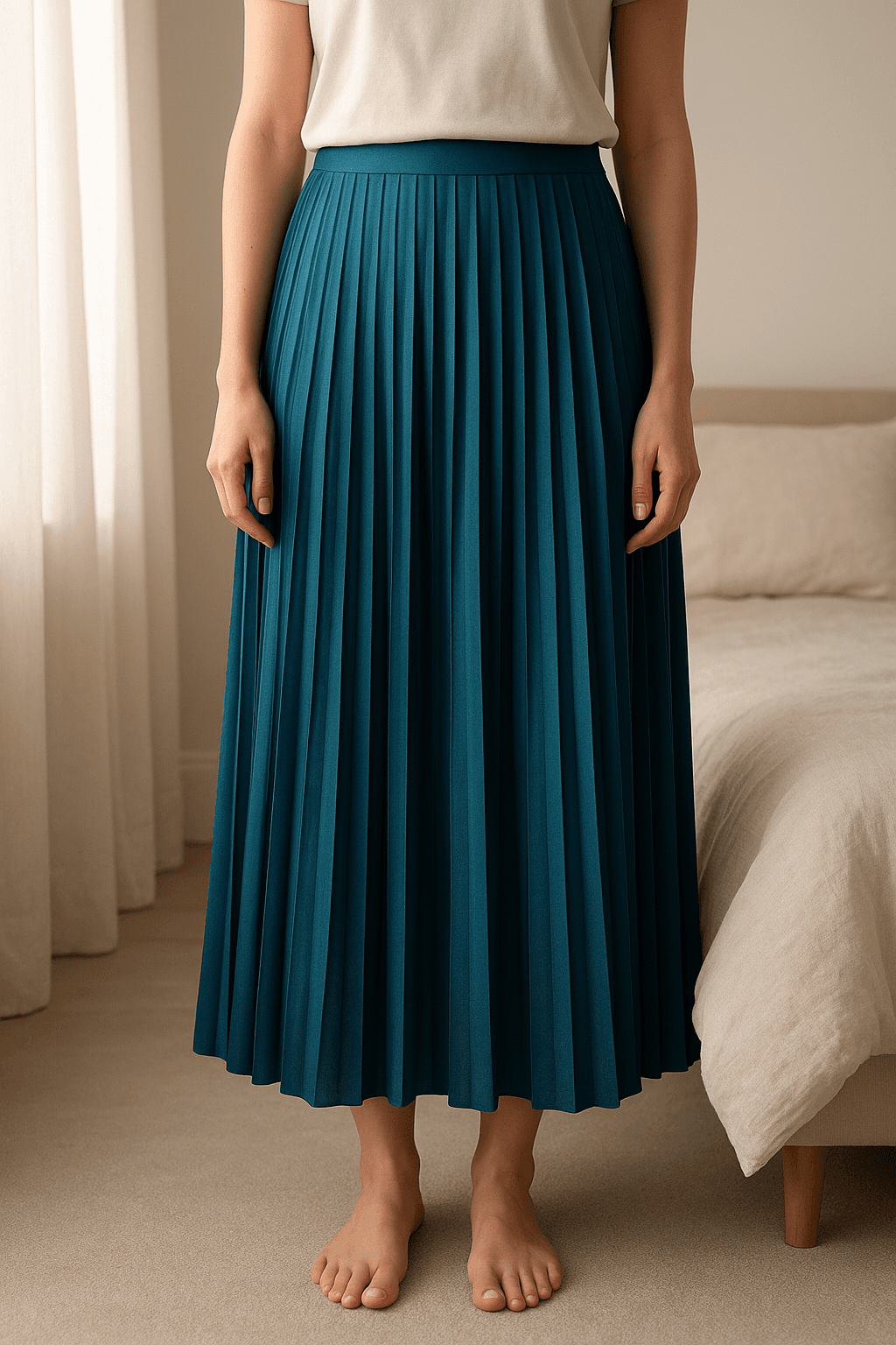 Falda plisada zara de pie, mirando a la cámara, en un dormitorio con luz suave y natural filtrándose por la ventana.