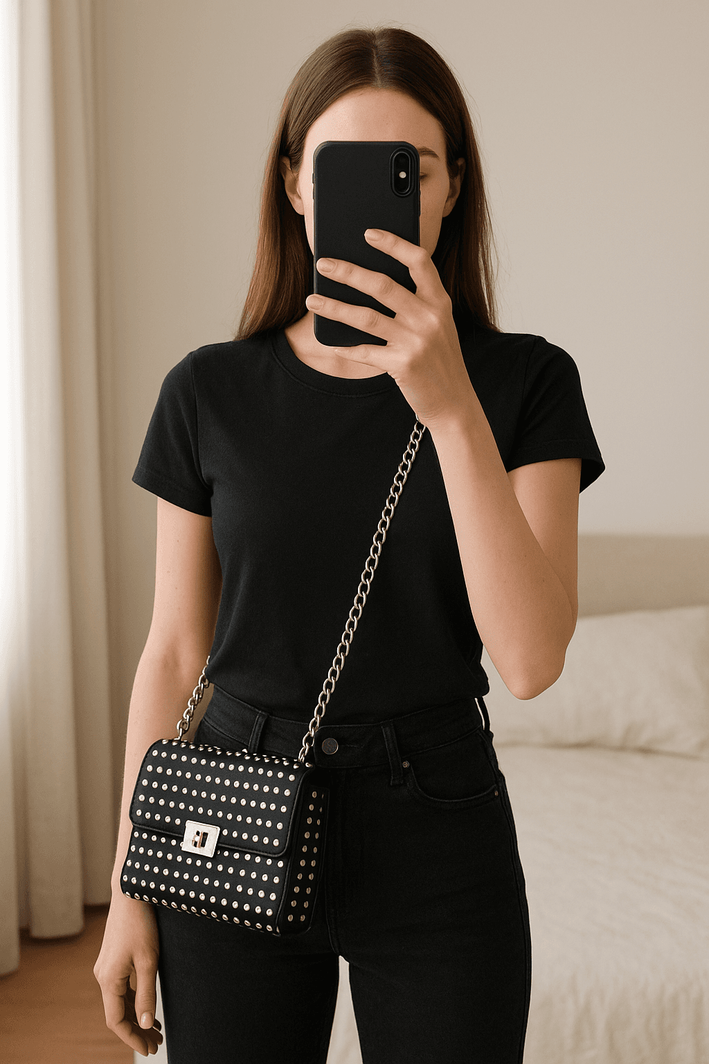 Bolso bandolera tachas de Stradivarius de pie, mirando a la cámara, en un dormitorio con luz suave y natural filtrándose por la ventana.