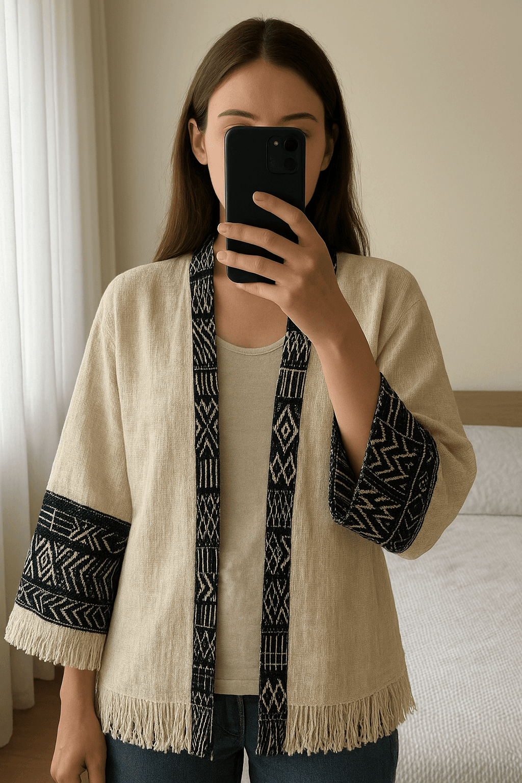 kimono tipo boho-chic con flecos de pie, mirando a la cámara, en un dormitorio con luz suave y natural filtrándose por la ventana.