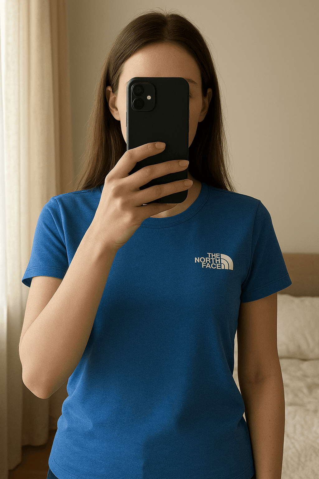 t-shirt de sport debout, face à la caméra, dans une chambre à la lumière douce, avec une lumière naturelle filtrant par la fenêtre.