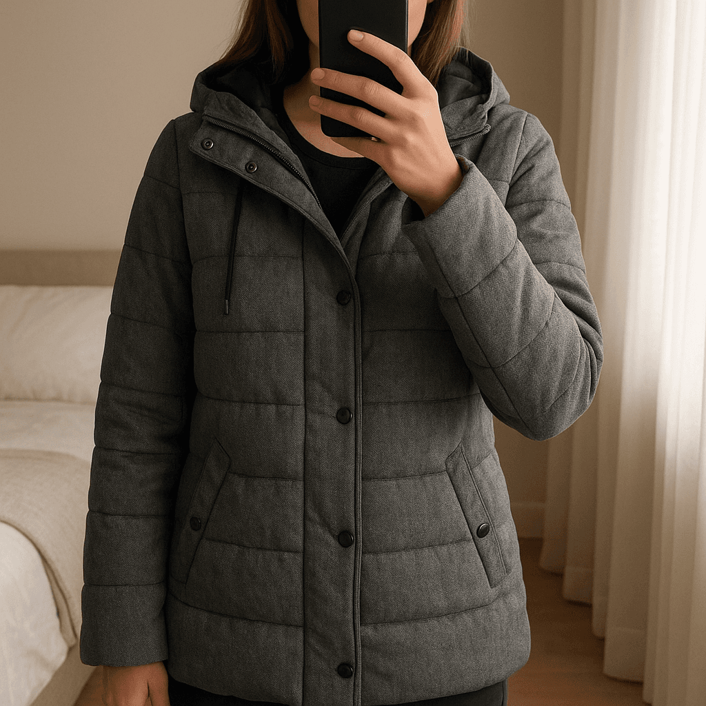 Blusão da Lefties em pé, de frente para a câmera, em um quarto com iluminação suave e luz natural filtrando pela janela.