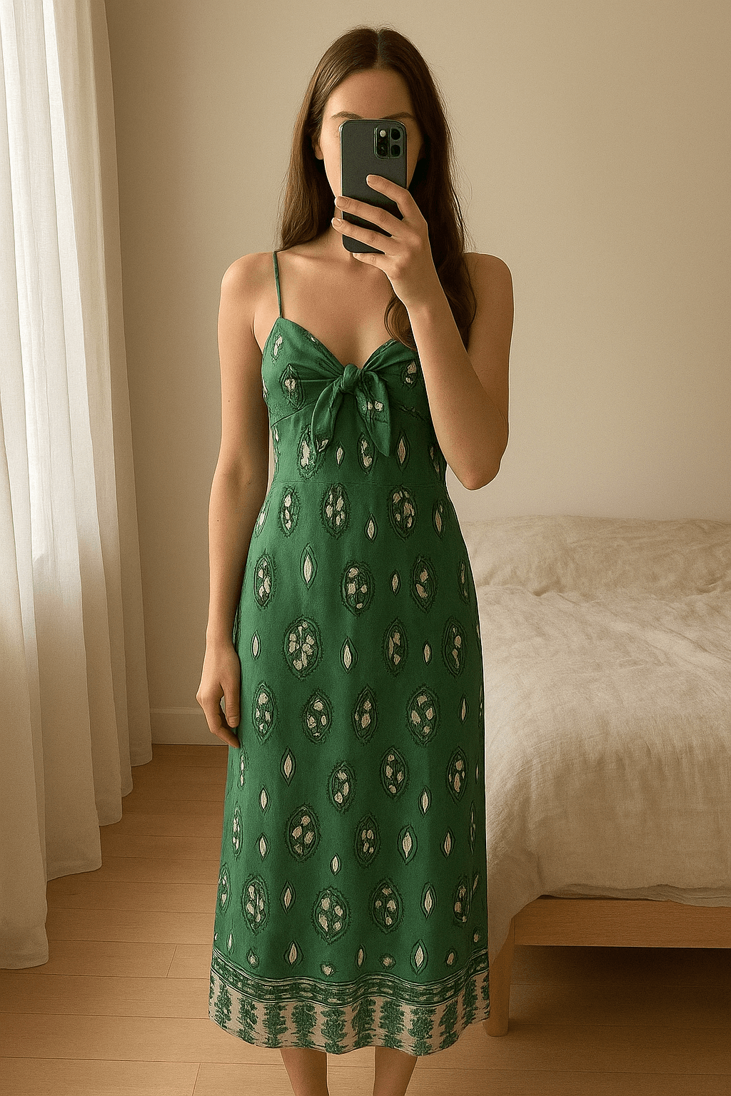 vestido dress robe largo italy 38 de pie, mirando a la cámara, en un dormitorio con luz suave y natural filtrándose por la ventana.