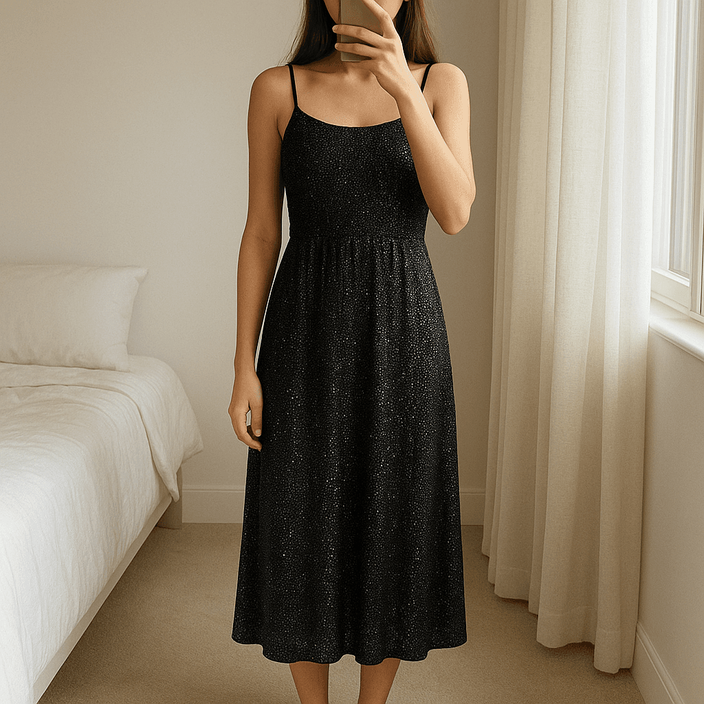 Vestido de lantejoulas em pé, de frente para a câmera, em um quarto com iluminação suave e luz natural filtrando pela janela.