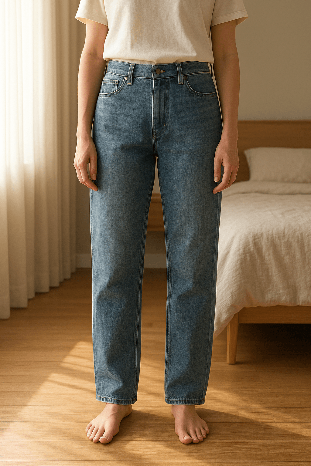 Jeans da Zara em pé, de frente para a câmera, em um quarto com iluminação suave e luz natural filtrando pela janela.