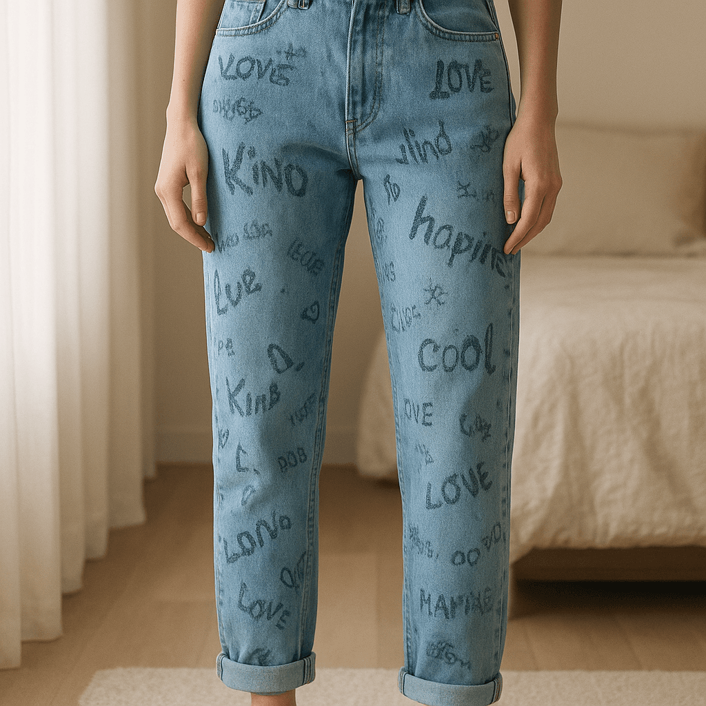 Una persona con Vaquero pintado colección Disney Stradivarius de pie, mirando a la cámara, con tipo de cuerpo delgado, en un dormitorio con luz suave y natural filtrándose por la ventana.