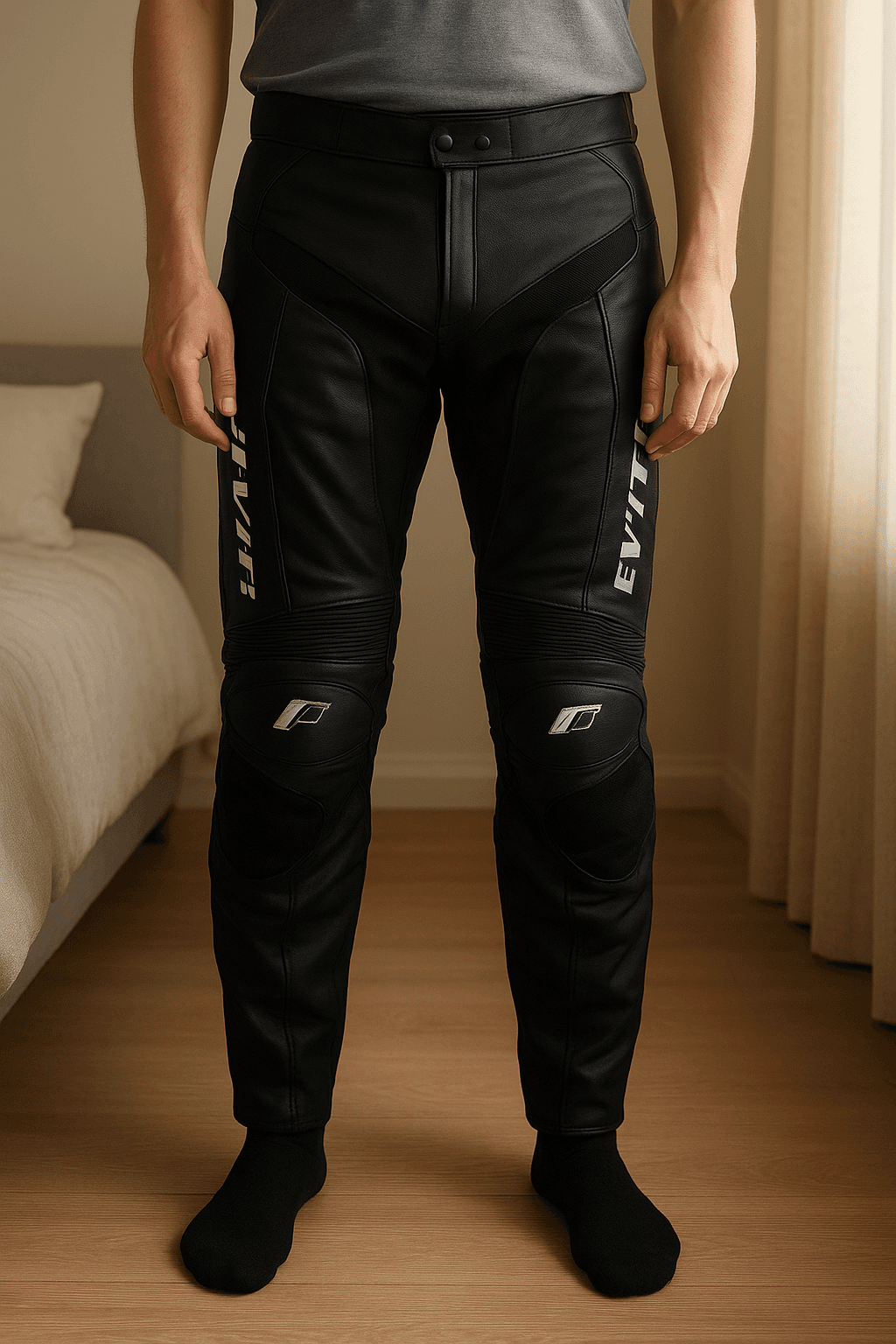 Motorradhose Leder Probiker aufrecht stehend, der Kamera zugewandt, in einem sanft beleuchteten Schlafzimmer, mit natürlichem Licht, das durch ein Fenster fällt.