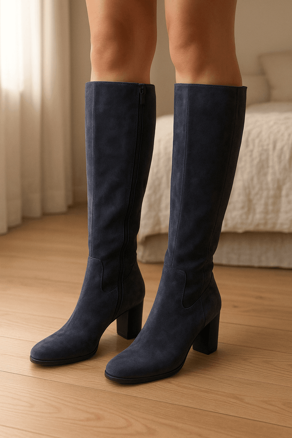 botas boots skin piel suedine 39 bottes de pie, mirando a la cámara, en un dormitorio con luz suave y natural filtrándose por la ventana.