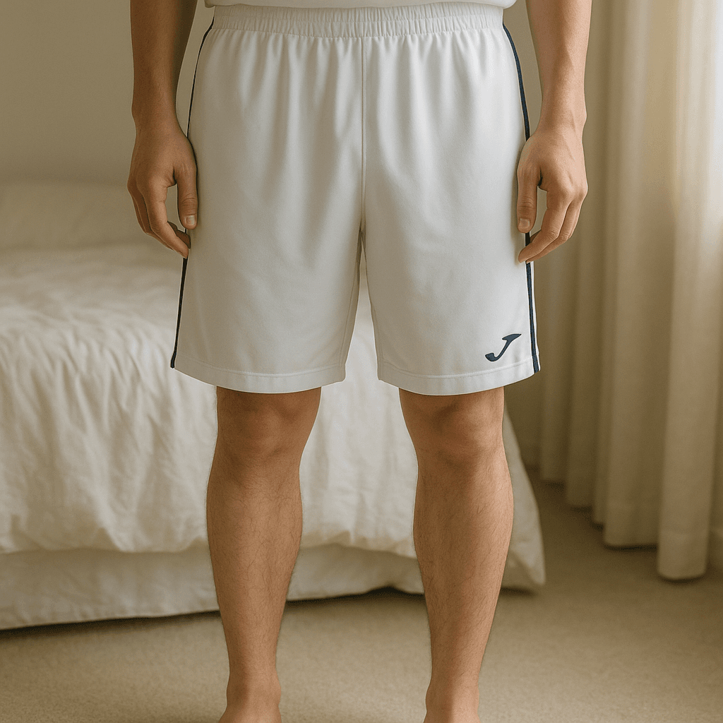 White spots de pie, mirando a la cámara, en un dormitorio con luz suave y natural filtrándose por la ventana.