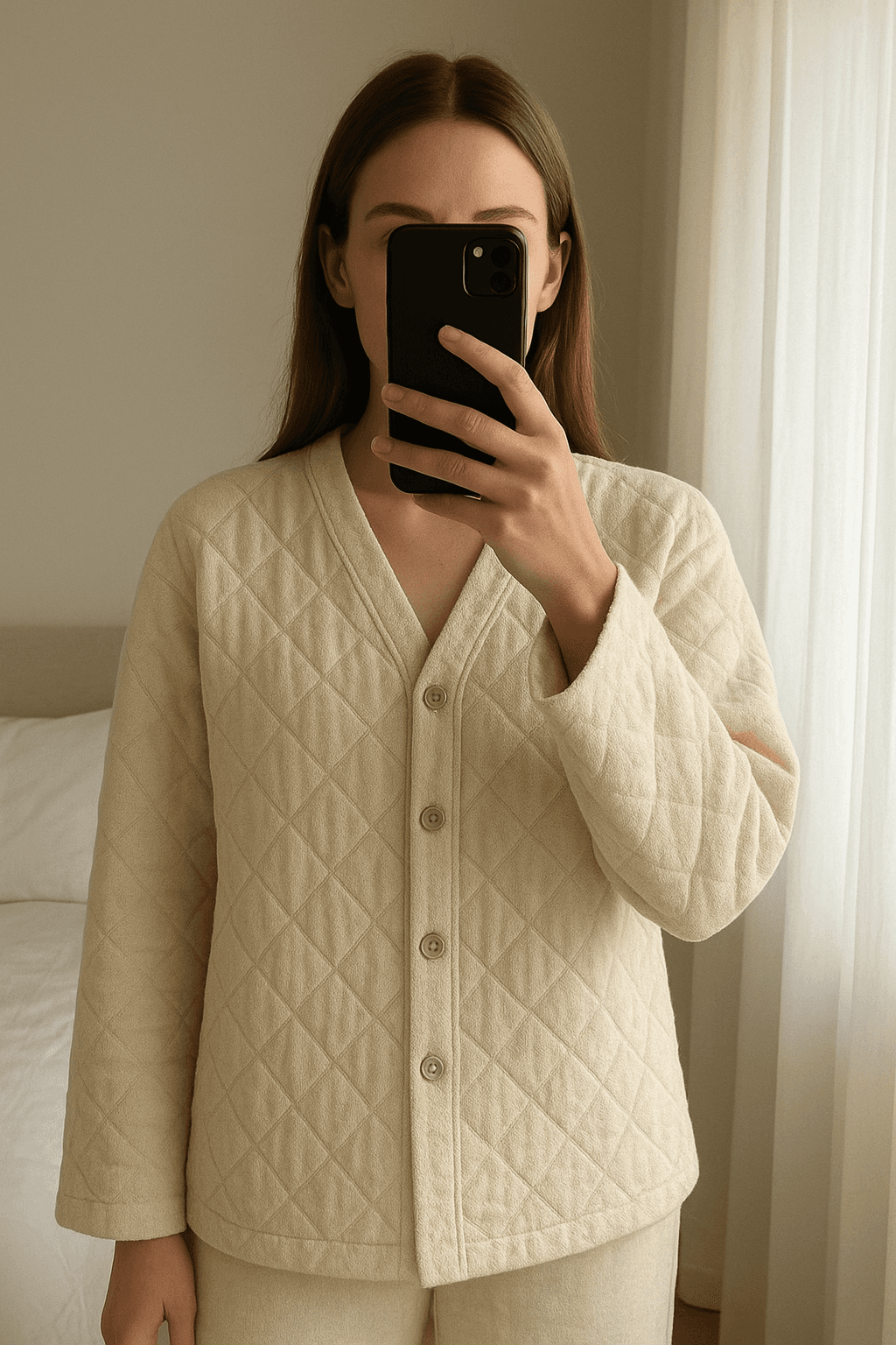 Zara | Jacke | S | Bouclé | gesteppt | Blazer | Creme aufrecht stehend, der Kamera zugewandt, in einem sanft beleuchteten Schlafzimmer, mit natürlichem Licht, das durch ein Fenster fällt.