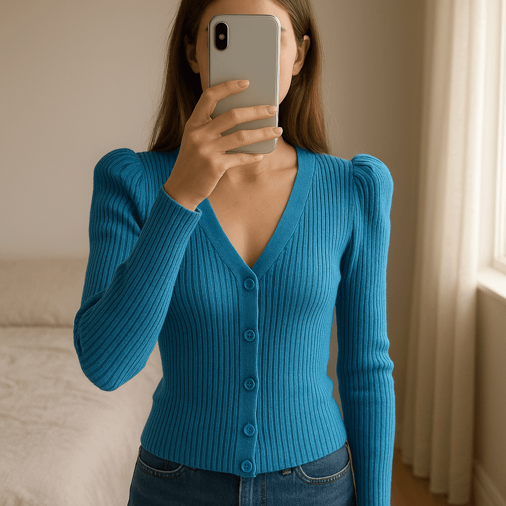 Una persona con Chaqueta jersey punto Stradivarius de pie, mirando a la cámara, con tipo de cuerpo delgado, en un dormitorio con luz suave y natural filtrándose por la ventana.