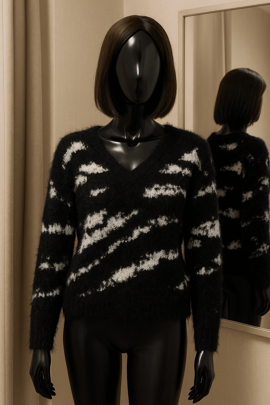 eine glänzende schwarze Kunststoffpuppe ohne Gesichtszüge in Schwarzer/weiss Pullover mit V-Ausschnitt aufrecht stehend, der Kamera zugewandt, mit schlanker Figur, in einer Umkleidekabine im Boutiquenstil mit Spiegel und neutralem Dekor.