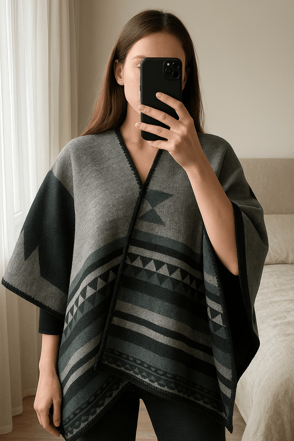 Una persona con Poncho abrigo arqueando ligeramente la espalda para una pose dinámica, con tipo de cuerpo delgado, en un dormitorio con luz suave y natural filtrándose por la ventana.