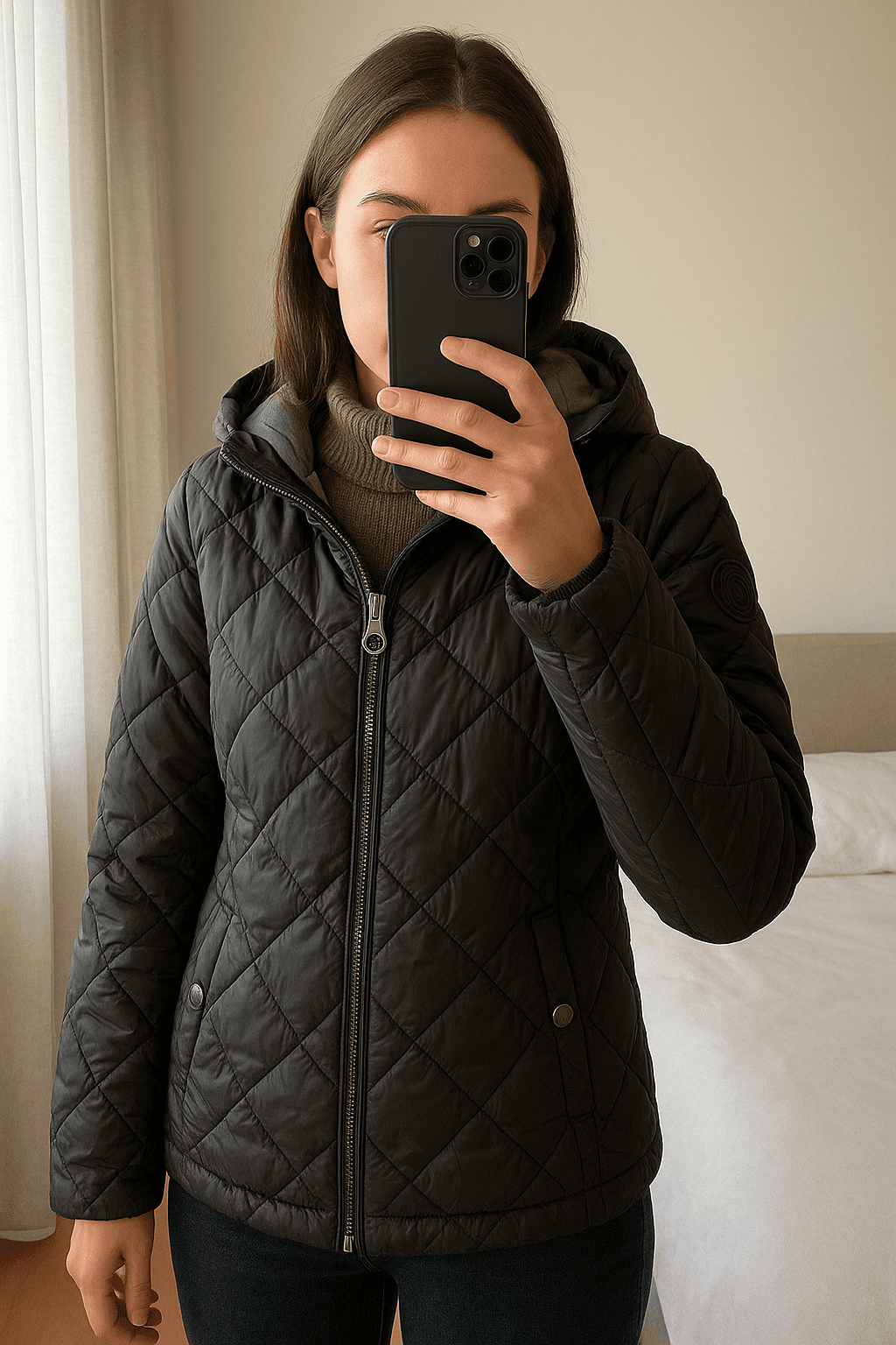 Steppjacke mit Bottle-Steppung schwarz-mint aufrecht stehend, der Kamera zugewandt, in einem sanft beleuchteten Schlafzimmer, mit natürlichem Licht, das durch ein Fenster fällt.