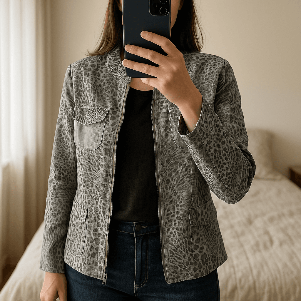 Blazer chaqueta animal print de pie, mirando a la cámara, en un dormitorio con luz suave y natural filtrándose por la ventana.