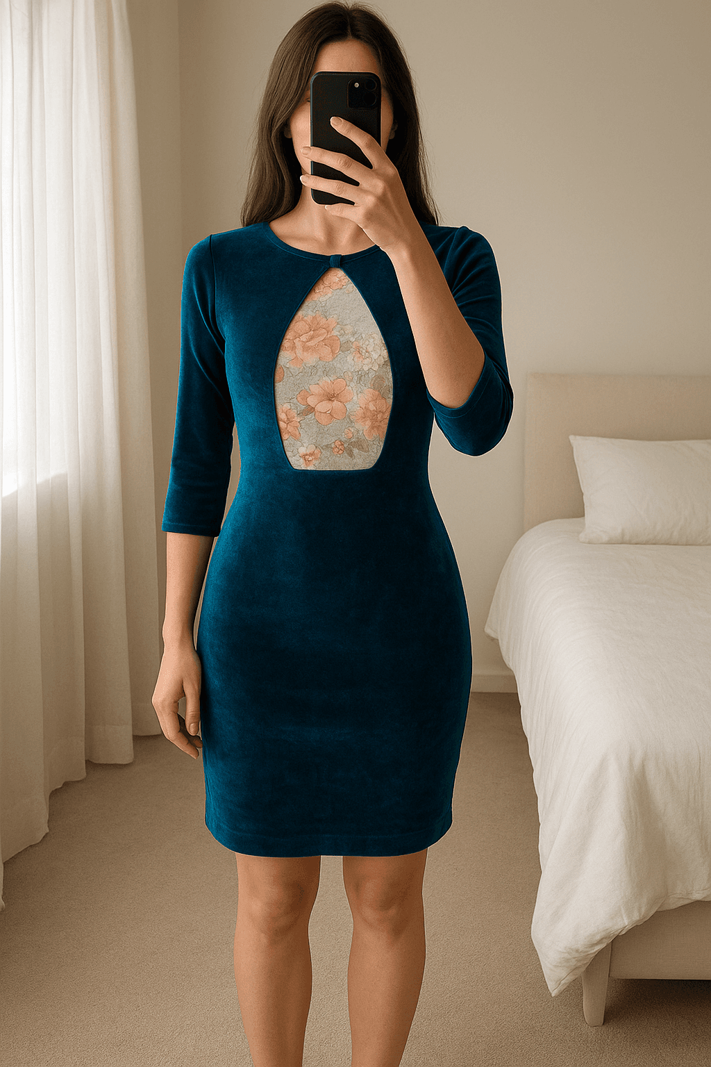 Vestido terciopelo azul con espalda descubierta de pie, mirando a la cámara, en un dormitorio con luz suave y natural filtrándose por la ventana.