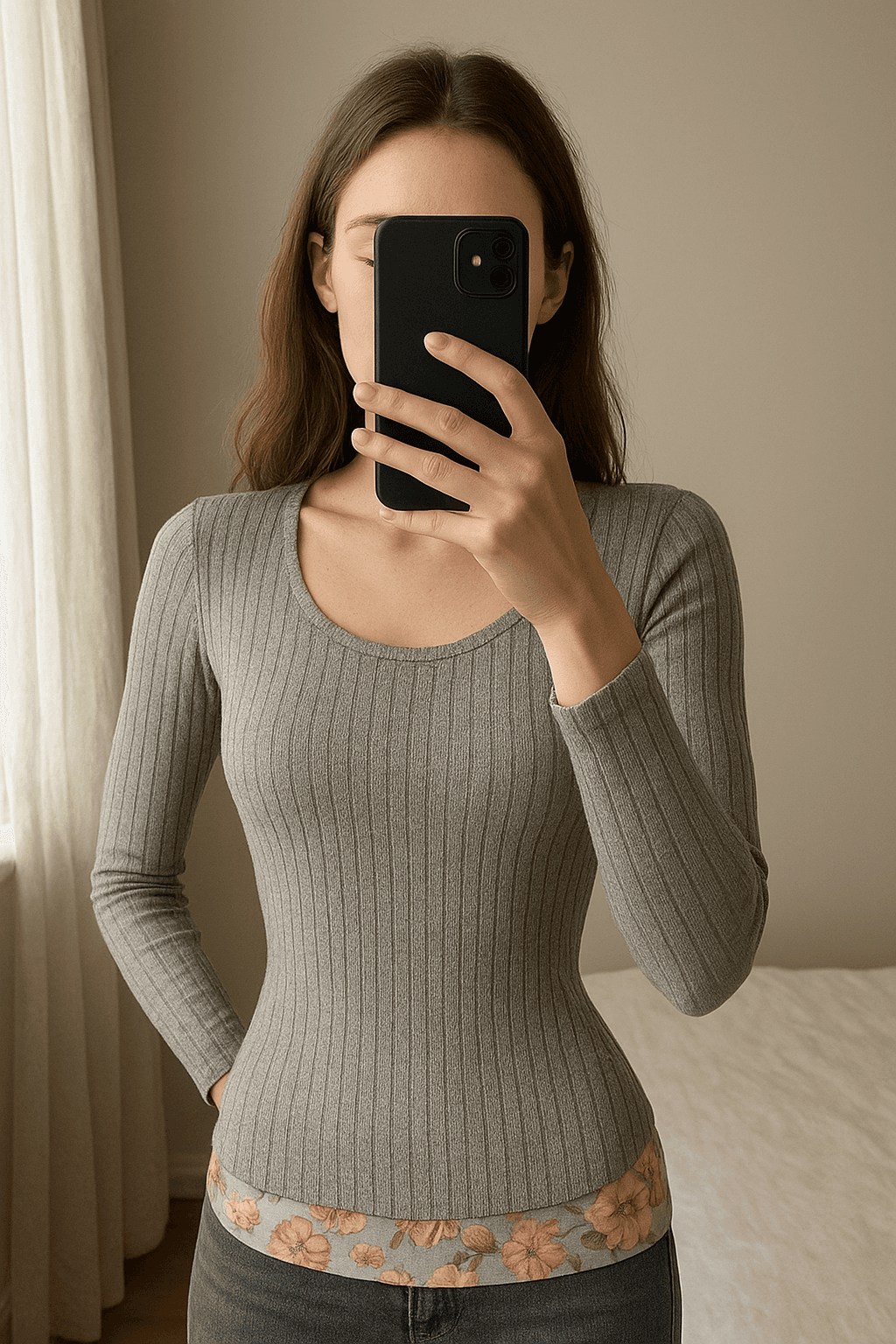 Una persona con Camiseta gris suave básica arqueando ligeramente la espalda para una pose dinámica, con tipo de cuerpo delgado, en un dormitorio con luz suave y natural filtrándose por la ventana.