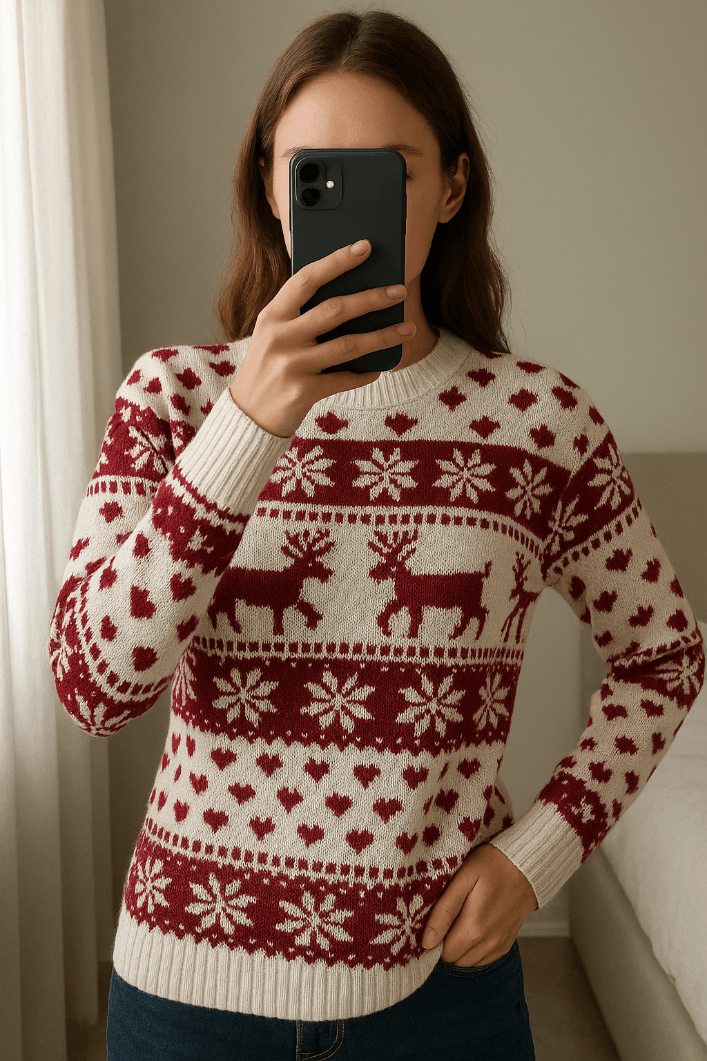 Una persona con Jersey estampado invernal rojo y blanco arqueando ligeramente la espalda para una pose dinámica, con tipo de cuerpo delgado, en un dormitorio con luz suave y natural filtrándose por la ventana.