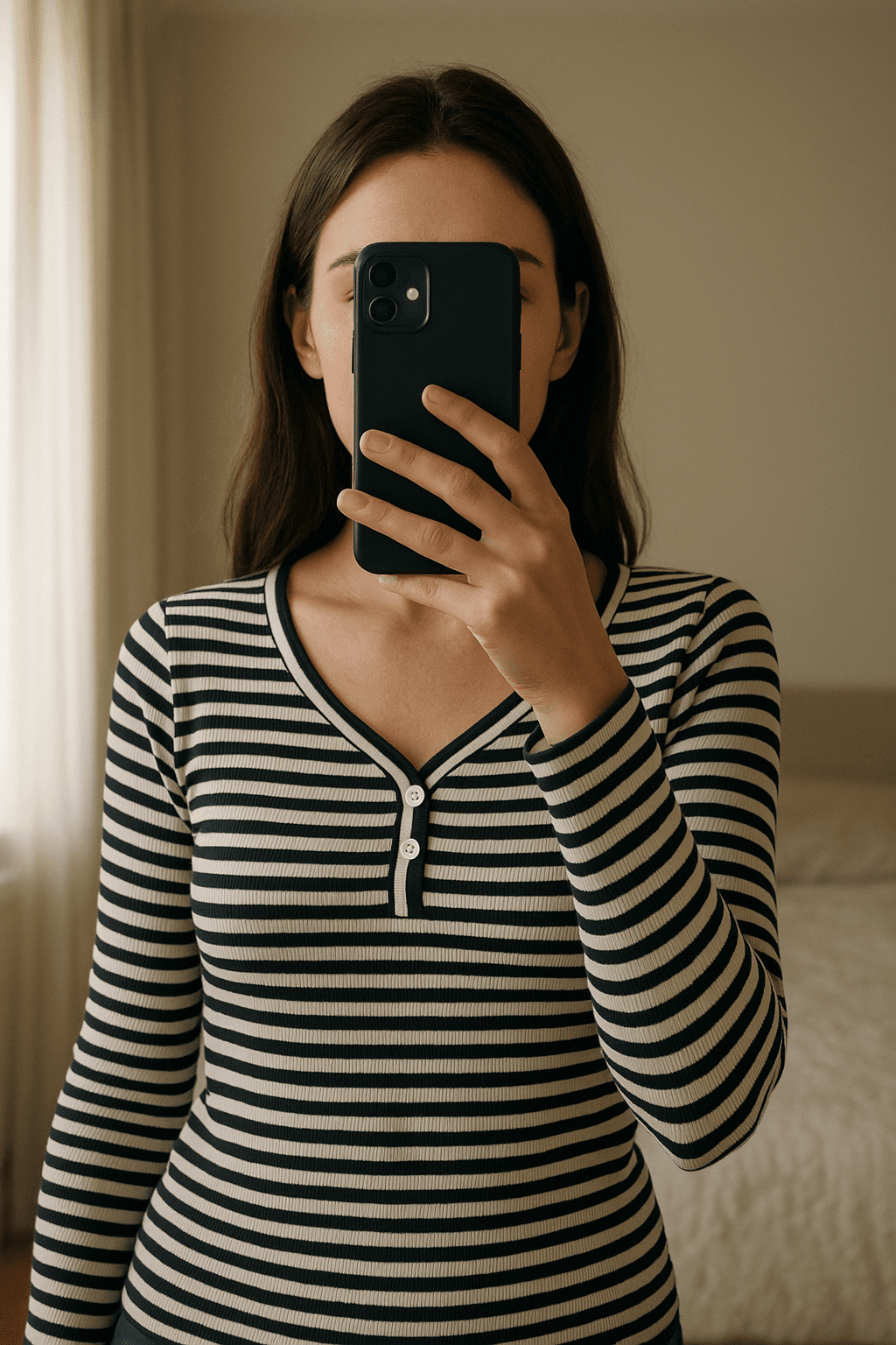 Camiseta a rayas de pie, mirando a la cámara, en un dormitorio con luz suave y natural filtrándose por la ventana.