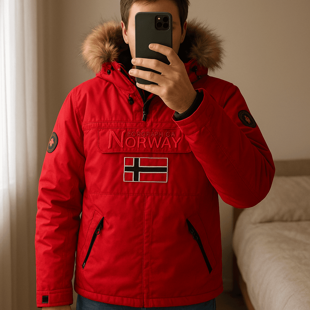 Geographical Norway Red Winter Jacket Hombre Mujer Premium Outdoor Streetwear de pie, mirando a la cámara, en un dormitorio con luz suave y natural filtrándose por la ventana.