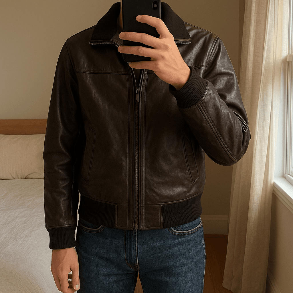 Bomber chaqueta de pie, mirando a la cámara, en un dormitorio con luz suave y natural filtrándose por la ventana.