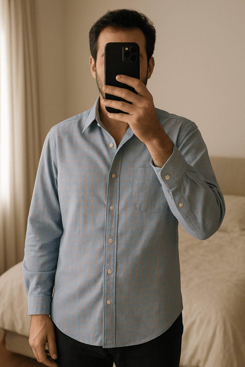 Camisa cuadros azul y rosa Cortefiel de pie, mirando a la cámara, en un dormitorio con luz suave y natural filtrándose por la ventana.