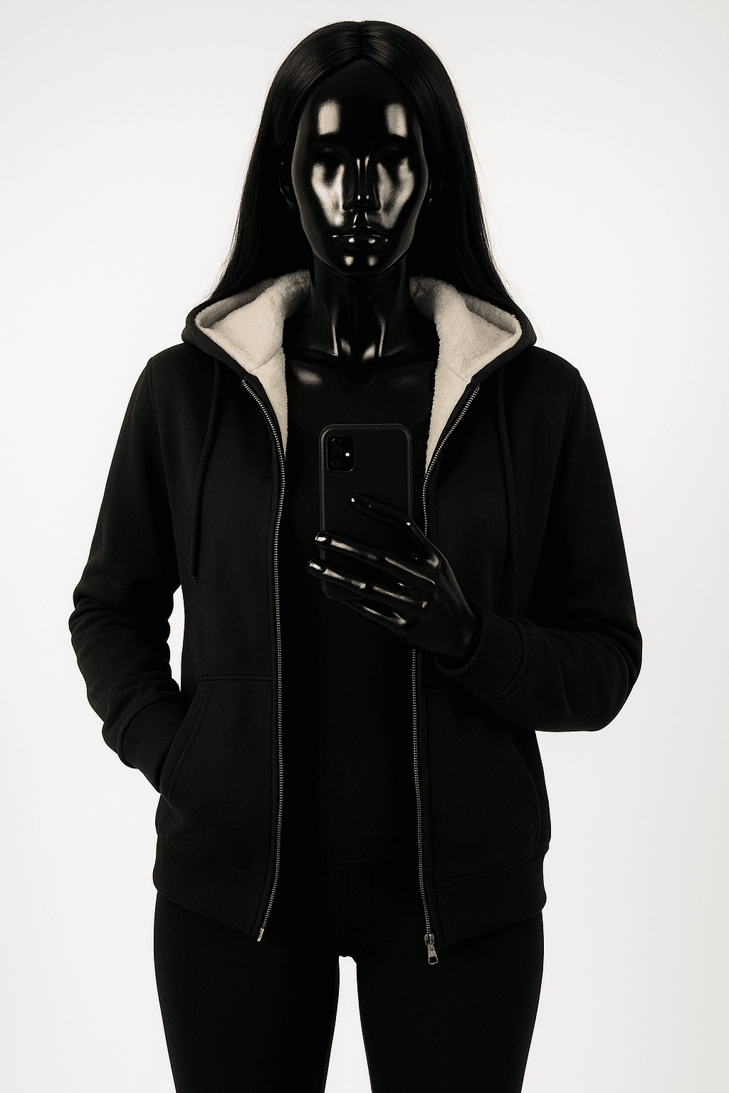 eine glänzende schwarze Kunststoffpuppe ohne Gesichtszüge in Schwarze Fleecejacke/Dame/Pelz aufrecht stehend, der Kamera zugewandt, in einem sauberen Fotostudio mit nahtlosem weißen Hintergrund und Softbox-Beleuchtung.