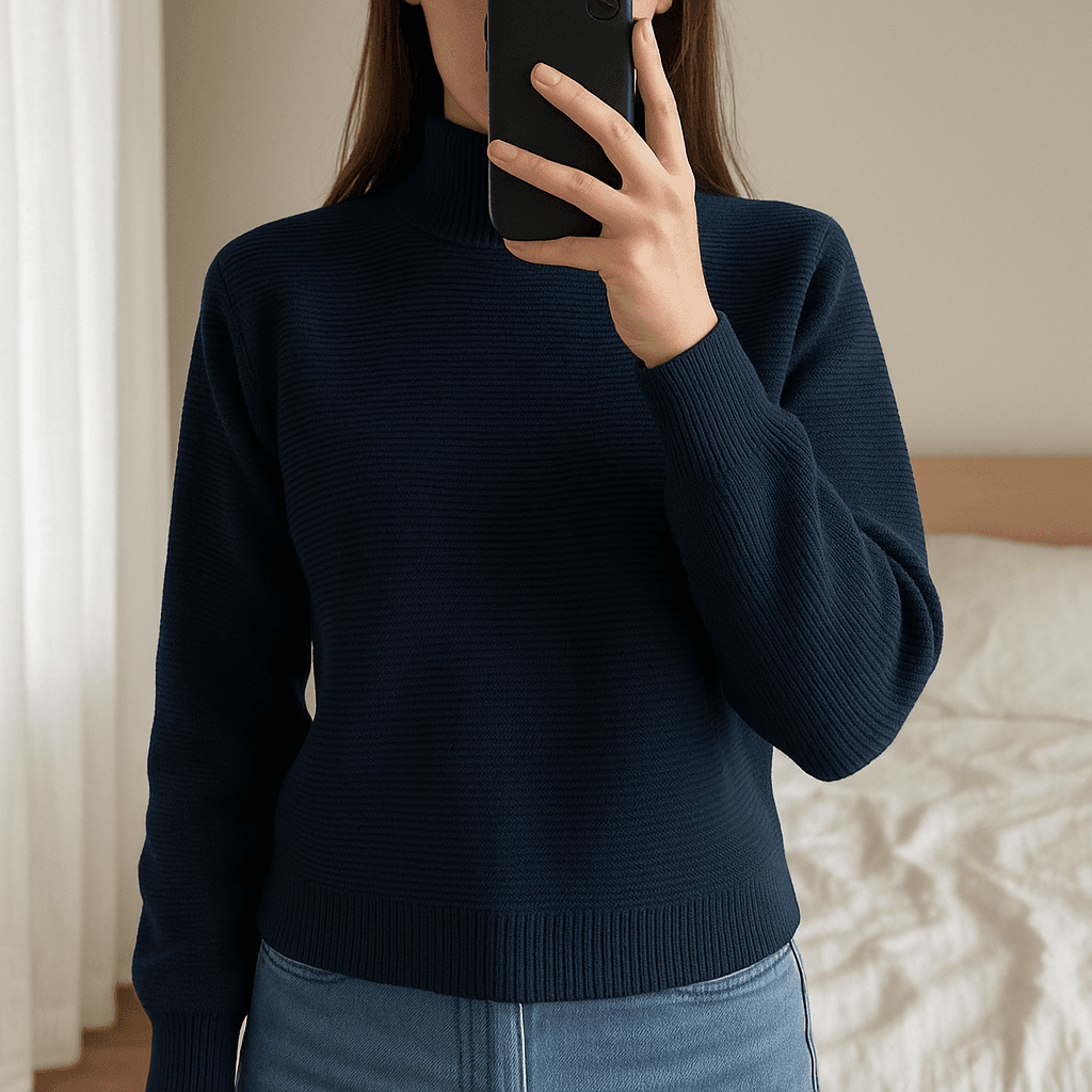 Una persona con Jersey azul marino mango de pie, mirando a la cámara, con tipo de cuerpo delgado, en un dormitorio con luz suave y natural filtrándose por la ventana.