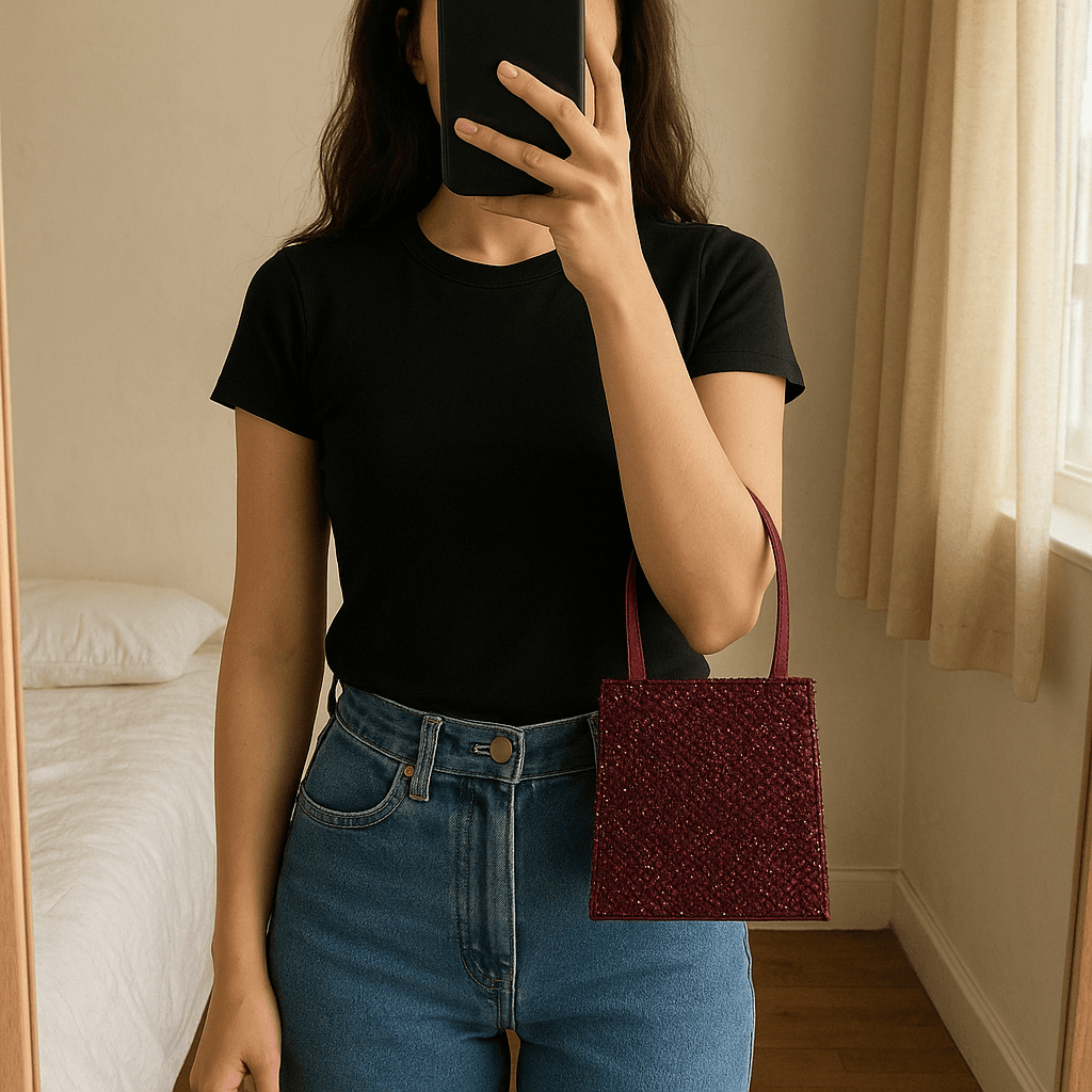 Bolso de mano burdeos de fiesta de pie, mirando a la cámara, en un dormitorio con luz suave y natural filtrándose por la ventana.