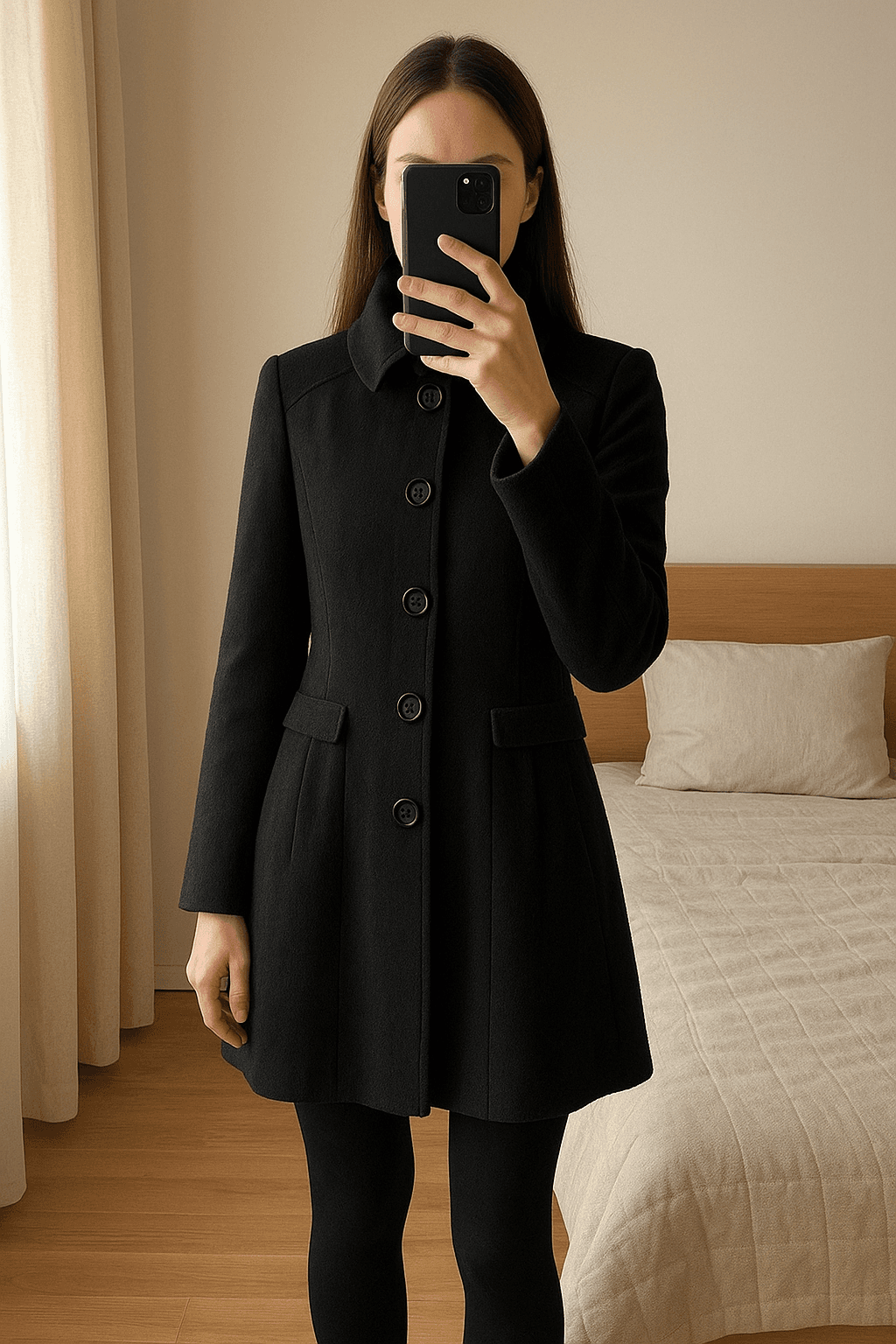 Sobretudo Asos 48% lã em pé, de frente para a câmera, em um quarto com iluminação suave e luz natural filtrando pela janela.