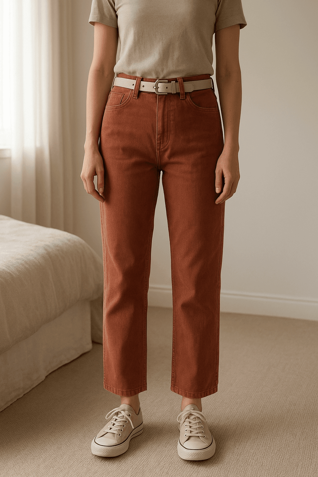 vaquero jean corail orange 38 neuf La redoute de pie, mirando a la cámara, en un dormitorio con luz suave y natural filtrándose por la ventana.